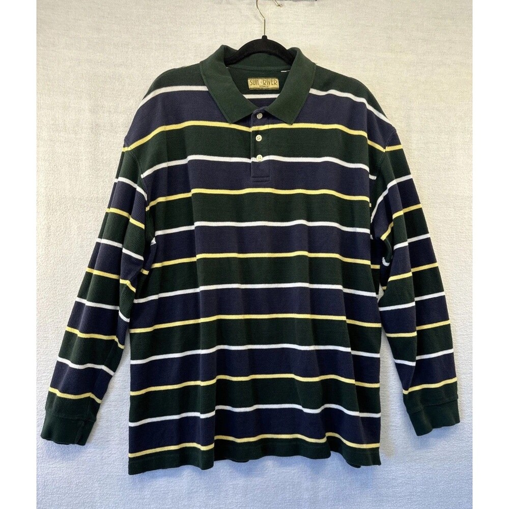 Sun River Shirt Men’s XL? Y2k 90s Long-Sleeve Polo Waffle-Knit Green Stripes